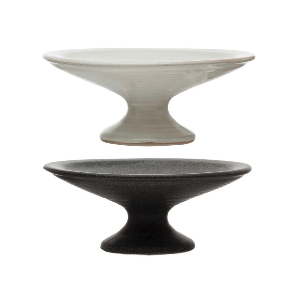 Stoneware Pedestal Set 2 Matte Black White Round‎ 5.5in Food Safe Display Stands